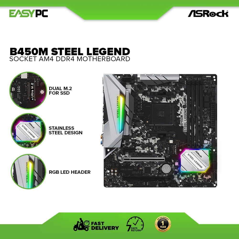 ASRock B450M STEEL LEGEND ซ็อกเก็ต AM4/ AMD Promontory B450/ DDR4/ Quad CrossFireX/ SATA3&USB3.1/ M.