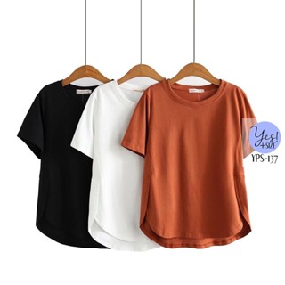 เสื้อยืดสาวอวบ (XL-4XL) อกถึง 52 เสื้อยืดคอกลม ชายโค้ง แต่งพับ2ข้าง สีน้ำตาล/ขาว/ดำ YPS-137