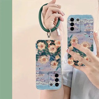 เคสโทรศัพท์มือถือ TPU ลายภาพวาดสีน้ํามัน รูปดอกไม้ พร้อมสายรัดข้อมือ ทรงกลม สําหรับ Vivo V27 V27 Pro V27E