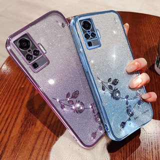 เคสโทรศัพท์มือถือ ซิลิโคนนุ่ม TPU ใส ลายดอกกุหลาบ ประดับเพชรเทียม กลิตเตอร์ ระยิบระยับ แฟชั่น สําหรับ Vivo IQOO X50 Pro X50 5G