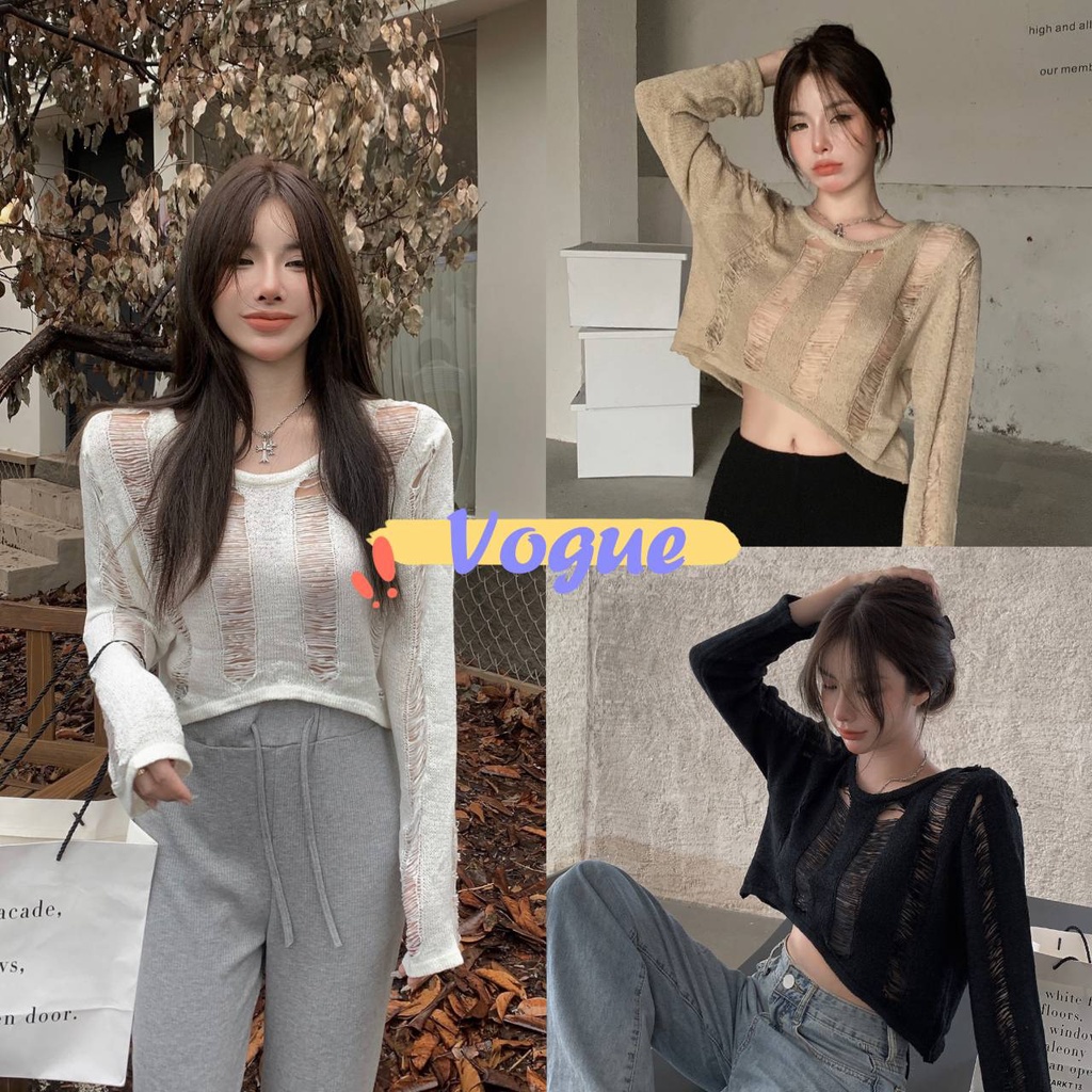 Vogue พร้อมส่ง เสื้อไหมพรมปขนยาว ดีเทลขาดๆเท่ๆ ใส่ได้หน้าและหลัง (U047)