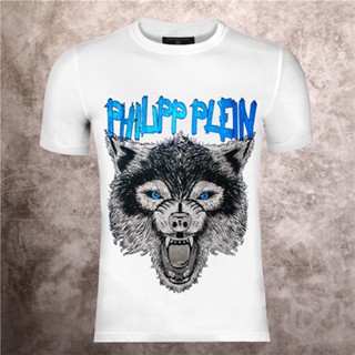 №₪✚High Street PHILIPP PLEIN Men cotton casual T shirt Man short sleeve crystal wolf Tshirts metal l_01