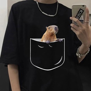 oversize T-shirt G6w8【พร้อมส่ง】เสื้อยืด พิมพ์ลายกราฟฟิค Capybara Pocket สําหรับผู้ชาย#39; s เสื้อยืดผ้าฝ้าย สไตล์โกธิค ส