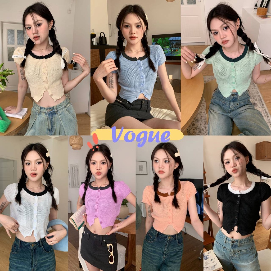 Vogue พร้อมส่ง เสื้อไหมพรมคอกลมแขนสั้น สีพาสเทลน่ารักสไตล์เกาหลี (95116) -N