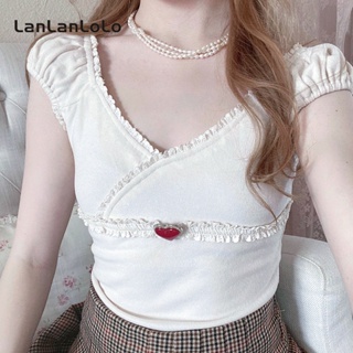 Lanlanlolo เสื้อแขนสั้น คอวี แต่งระบาย สีพื้น สําหรับผู้หญิง 2023