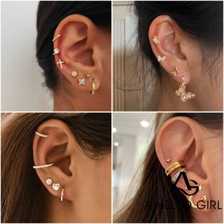 A HELLO GIRL ชุดเครื่องประดับ ต่างหูแฟชั่น รูปผีเสื้อ ประดับเพชร แบบเต็ม หลายรู สําหรับผู้หญิง