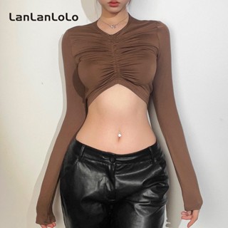 Lanlanlolo เสื้อยืดแขนยาว คอวี เข้ารูป สีพื้น แฟชั่นสําหรับผู้หญิง 2023