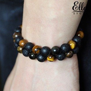 Ellastore123 สร้อยข้อมือเชือกถัก ลูกปัดหินเทียม สองชั้น ปรับได้ สไตล์วินเทจ เครื่องประดับ สําหรับผู้ชาย