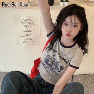 RUO BEI XUAN เสื้อยืดสตรีแขนสั้นพิมพ์ลายแฟชั่นสไตล์เกาหลีใหม่