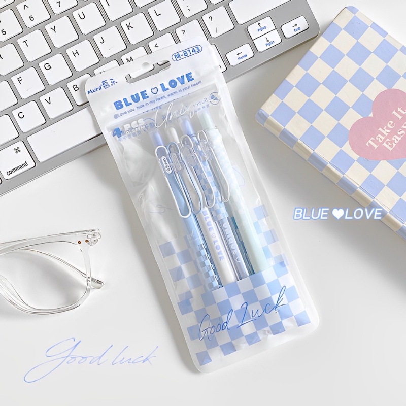 ปากกาเจล ลายตารางหมากรุก หมึกสีดํา 0.5 มม. สีฟ้า และสีขาว สร้างสรรค์ สําหรับสํานักงาน 4 ชิ้น