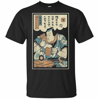 [S-5XL] เสื้อแขนสั้น ผ้าฝ้ายแท้Beer Samurai Drinking Beer Samurai Black, Navy T-Shirt T Shirt MenS-3XL