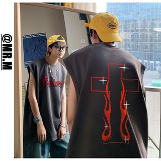 เสื้อยืดแขนกุด ผ้าเรยอน พิมพ์ลาย สไตล์เรโทร อเมริกัน สตรีท เหมาะกับฤดูร้อน สําหรับผู้ชาย