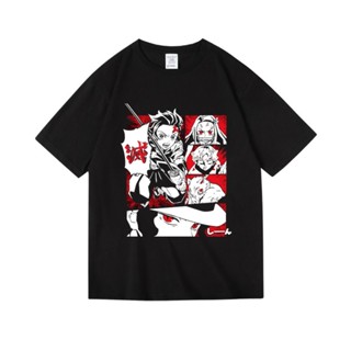 [S-5XL] เสื้อยืดแขนสั้น ผ้าฝ้ายแท้ พิมพ์ลายการ์ตูน Demon Slayer Blade Tanjirou Nezuko สองมิติ สําหรับผู้ชาย และผู้หญิง