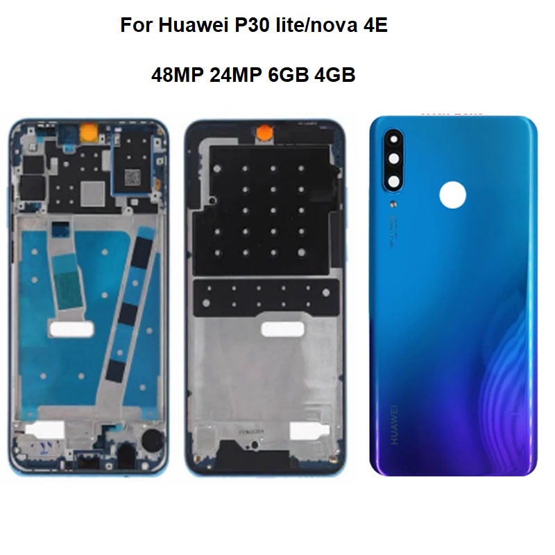ใหม่สําหรับ Huawei P30 Lite Nova 4e ฝาหลังแบตเตอรี่กระจกด้านหลังประตู + กรอบกลางด้านหน้า Bezel กลาง LCD ที่อยู่อาศัย Faceplate