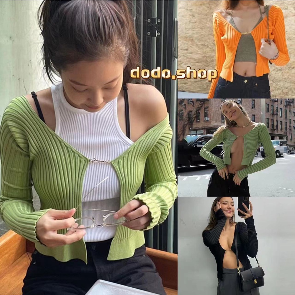 DODOพร้อมส่ง*เสื้อไหมพรมคาร์ดิแกนแขนยาวแบบถักสายโซ่โลหะสุดแซ่บเซ็กซี่ สุดๆ*jennie สไตล์เดียวกัน（711）