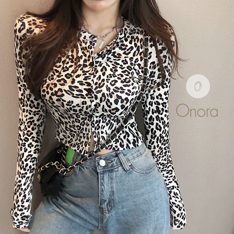 เสื้อคอกลมลายเสือดาว เสื้อครอปเเขนยาวเข้ารูปเซ็กซี่