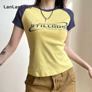 Lanlanlolo เสื้อยืดลําลอง แขนสั้น คอกลม สีคมชัด สําหรับสตรี 2023