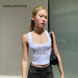 Lanlanlolo เสื้อกล้าม ครอป โชว์สะดือ คอยู พิมพ์ลาย เซ็กซี่ สําหรับผู้หญิง 2023