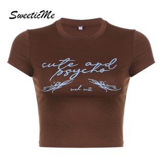 Sweeticme เสื้อยืดลําลอง คอกลม แขนสั้น พิมพ์ลายตัวอักษร เอวสูง แฟชั่นสําหรับสตรี 2023