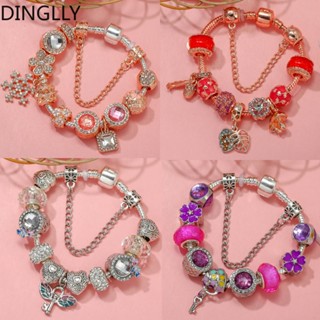 Dinglly สร้อยข้อมือ ลูกปัดดอกกุหลาบ สีทอง สําหรับผู้หญิง DIY สีเงิน สร้อยข้อมือลูกปัด