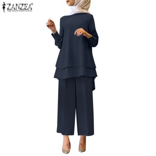 ZANZEA Sets Womens Muslim Double-Layer Button Cuffs Tops +  Elastic Waist Pocket Less Solid Color Trousers