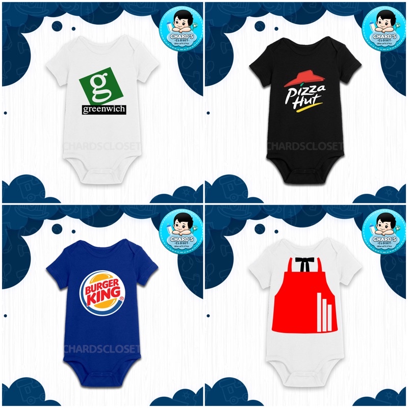 โลโก้อาหารที่กําหนดเองพิมพ์บน Baby Onesie (Greenwich, Pizza Hut, Burger King, KFC Outfit) 9E7Z