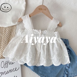 Aiyaya เสื้อผ้าเด็กผู้หญิง เสื้อแขนกุดสีขาว+กางเกงขาสั้น ชุดเซ็ท 2 ชิ้น（548）