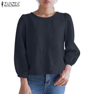 ZANZEA Women Korean Daily Crew Neck Simple Soild Color Pleated Back Blouse