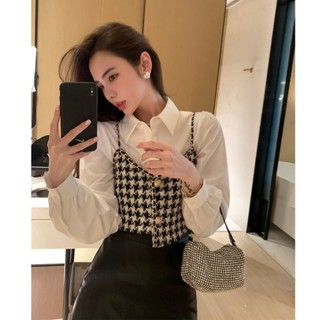 Xiaoxiang Style Houndstooth เสื้อสายเดี่ยว เข้ารูป ระดับไฮเอนด์ สีขาว แฟชั่นฤดูใบไม้ร่วง สําหรับผู้หญิง 2021