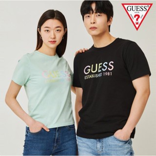 [Guess Korea] เสื้อยืดแขนสั้น พิมพ์ลายโลโก้เดา สีรุ้ง สําหรับผู้ชาย และผู้หญิง 2023