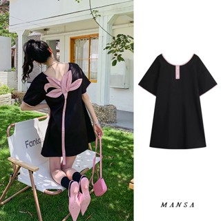 MANSA oversized black floral dress เดรสลายดอกไม้ เดรสยาวเกาหลี