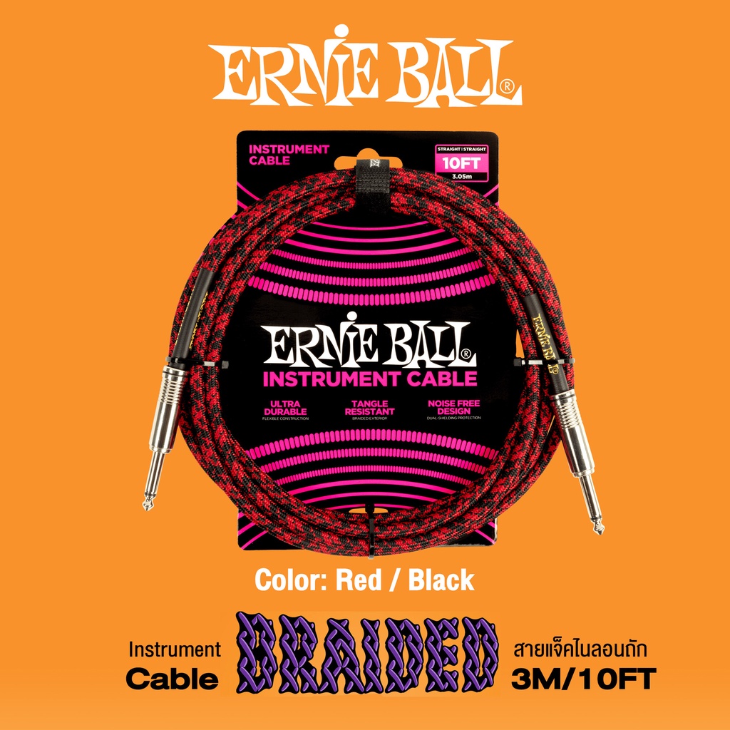 ERNIE BALL® 10FT Braided Ins (Red / Black)trument Cable สายแจ็คกีตาร์ แบบไนลอนถัก ยาว 3 เมตร สายไม่พ