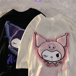 เสื้อยืดแขนสั้น ผ้าฝ้าย แบบบาง ทรงหลวม ขนาดใหญ่ ปักลายการ์ตูนอนิเมะ Sanrio Kuromi น่ารัก แฟชั่นฤดูร้อน สไตล์ญี่ปุ่น สําหรับผู้หญิง และนักเรียน