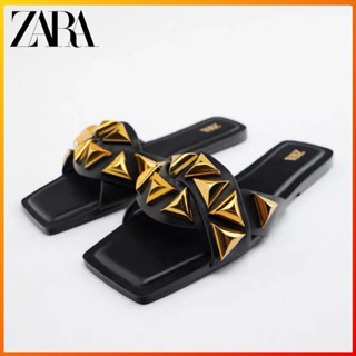 ZARA รองเท้าแตะ พื้นแบน ประดับหมุด สีดํา สําหรับผู้หญิง