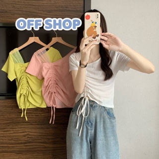 OFF SHOP พร้อมส่ง (OFF-M5613)   เสื้อไหมพรมแขนสั้น ดีเทลรูปข้างสีพาสเทล