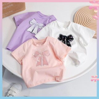 Girls top summer Korean style short-sleeved T-shirt princess style half-sleeved three-dimensional bow girls small and medium childrens top