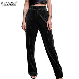 ZANZEA Women European Hoilday Back Waist Elastic Straight Leg Pants With Pockets