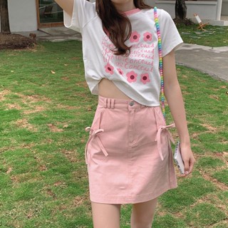 🌸 S-XL สีชมพู กระโปรงยีนส์ผูกโบว์ เวอร์ชั่นเกาหลี หวานน่ารัก ลำลอง เอวสูง ลดสัดส่วน กระโปรงทรงเอ กระเป๋าคาดสะโพก