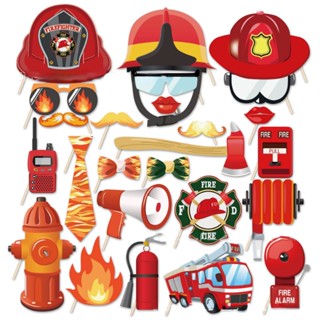 25pcs/ Pack Boy Birthday Fire Truck Photo Booth Props Fireman Party Favors Fire Fighting Theme Supplies