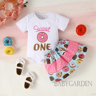 Babygarden-0-18m ชุดรอมเปอร์ แขนสั้น พิมพ์ลายตัวอักษร สีขาว และกระโปรง พิมพ์ลายโดนัท สําหรับเด็กผู้หญิง