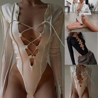 【FUNWD】Sexy Babes Slim Hollow Out Long Sleeve Bodysuit Women Bandage Bodycon Club Crop