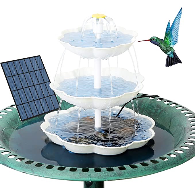 น้ำพุนกพลังงานแสงอาทิตย์พร้อมอ่างนก 3 ชั้น น้ำพุตกแต่ง 3.5W ที่ถอดออกได้ คุณสมบัติน้ำ DIY และเหมาะสำหรับการอาบน้ำนก ตกแต