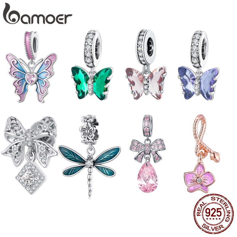 Bamoer เงิน 925 จี้สีสันสดใสผีเสื้อและแมลงปอของขวัญ DIY ตลกอุปกรณ์เสริมแฟชั่น Fit wth สร้อยข้อมือ
