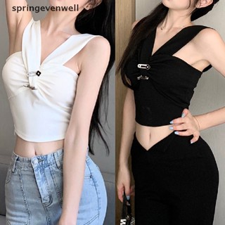 [springevenwell] ใหม่ พร้อมส่ง เสื้อครอปท็อป คอวี แขนกุด พิมพ์ลาย สไตล์สตรีท ฤดูร้อน Y2k 2023