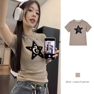 ฤดูร้อนใหม่วินเทจดาวผ้าขนหนูเย็บปักถักร้อยสั้นพอดีแขนสั้นเสื้อยืดผู้หญิง