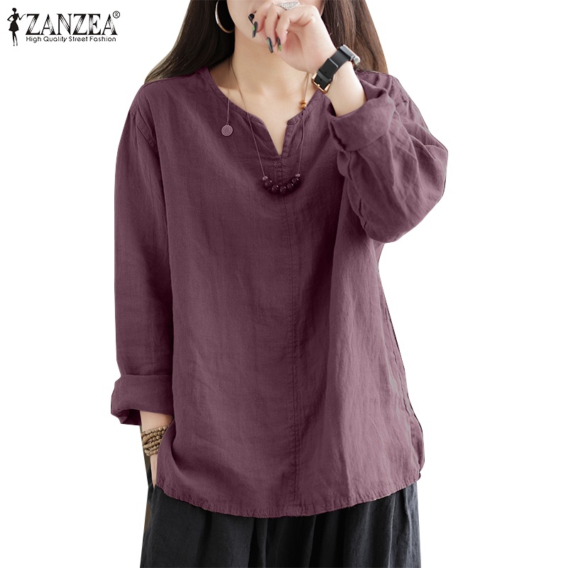 Zanzea เสื้อแขนยาวลําลอง คอวี ผ้าฝ้าย ทรงหลวม สีพื้น สไตล์เกาหลี สําหรับผู้หญิง
