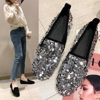 🔥 35-40 รองเท้าส้นแบนสตรีสไตล์เกาหลีย้อนยุคเรียบง่ายเลื่อม Rhinestone รองเท้าไม่มีส้นปากตื้นรองเท้าทำงานกันลื่น