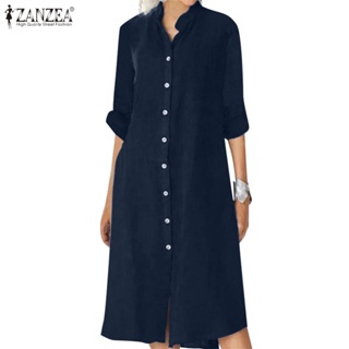 ZANZEA Women Europe Commuting Daily Leisure Long Sleeve Button H-shape Shirtdresses