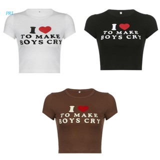 Pri เสื้อยืด เสื้อครอป ท็อป บอดี้คอน แขนสั้น พิมพ์ลายตัวอักษร Make Boys Cry สําหรับผู้หญิง