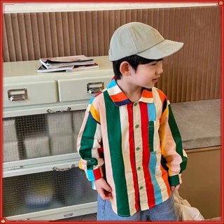 เสื้อเชิ้ตผ้าฝ้ายเด็กผู้ชายฤดูใบไม้ผลิและฤดูร้อนใหม่เสื้อเชิ้ตแขนยาวลายทางสีรุ้ง